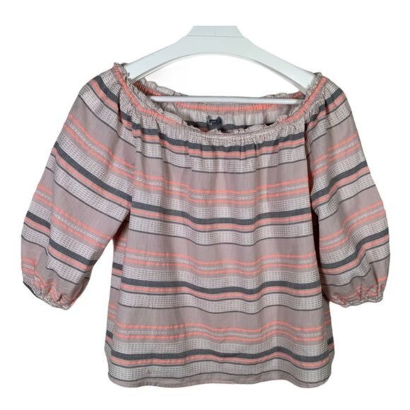 Aerie Puff Sleeve Boho Top 🌸 Striped Peasant Blouse Sz S Neutral Orange Gray - Picture 1 of 10